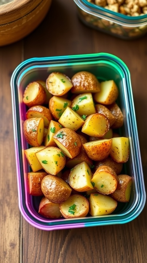 Roasted potatoes in a meal prep container, garnished with herbs, on a rustic table.